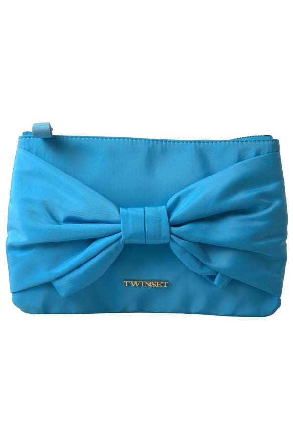 Twinset Blue Tafta Silk Large Bow Zipper Clutch Women Borse Logo Bag
