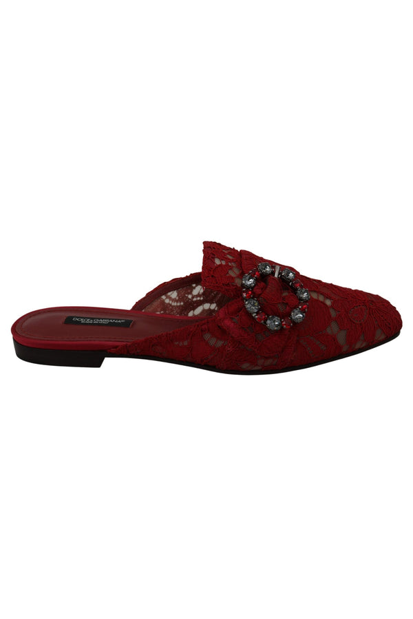 Dolce & Gabbana Red Lace Crystal Slide On Flats Shoes