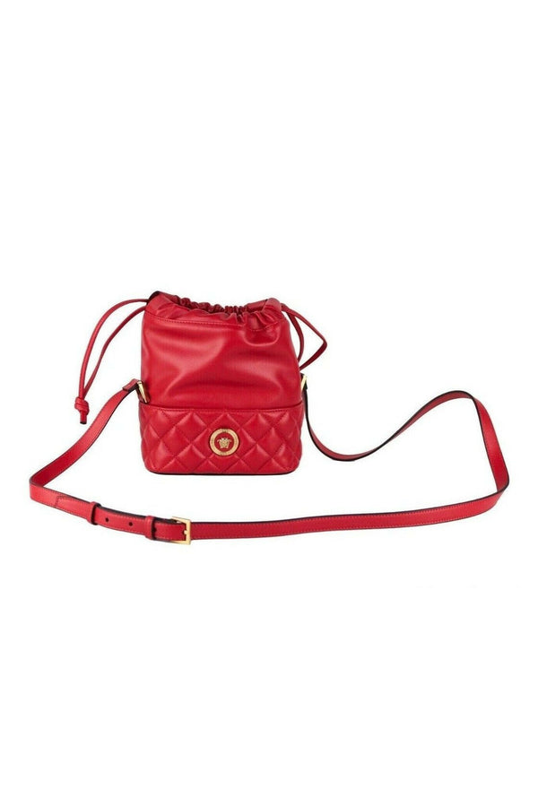 Versace Red Quilted Leather Drawstring Shoulder Bag Bucket Crossbody Handbag