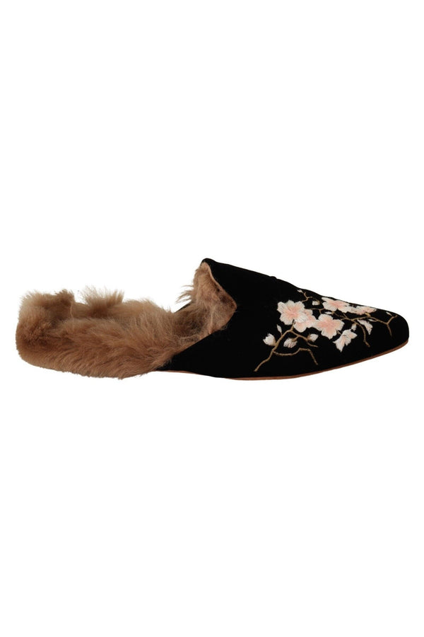 GIA COUTURE Black Velvet Floral Fur Slip On Flats Shoes