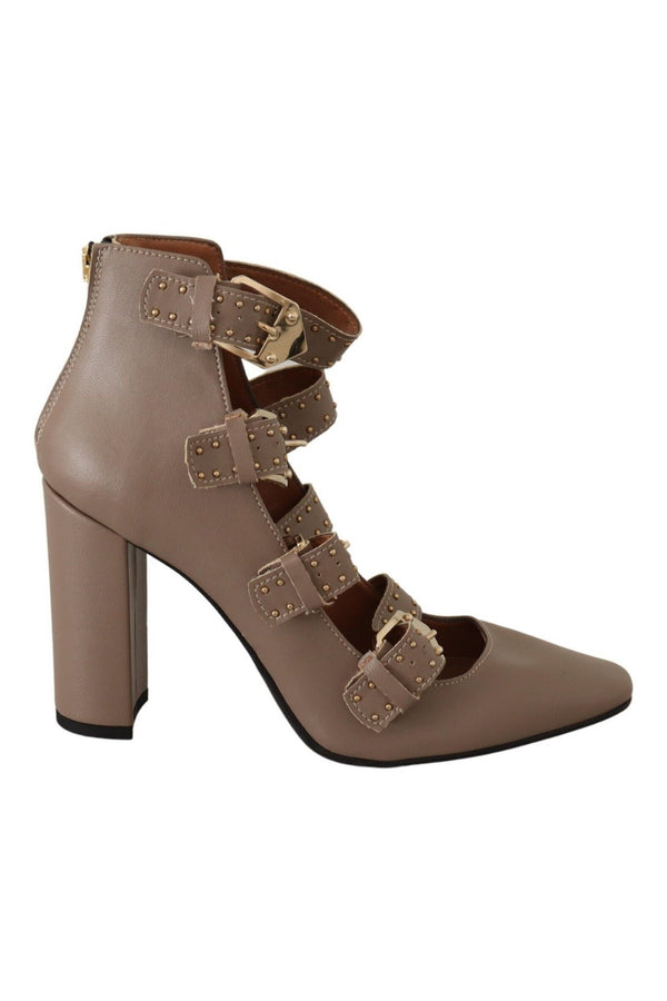 MY TWIN Brown Leather Block Heels Multi Buckle Pumps Shoes