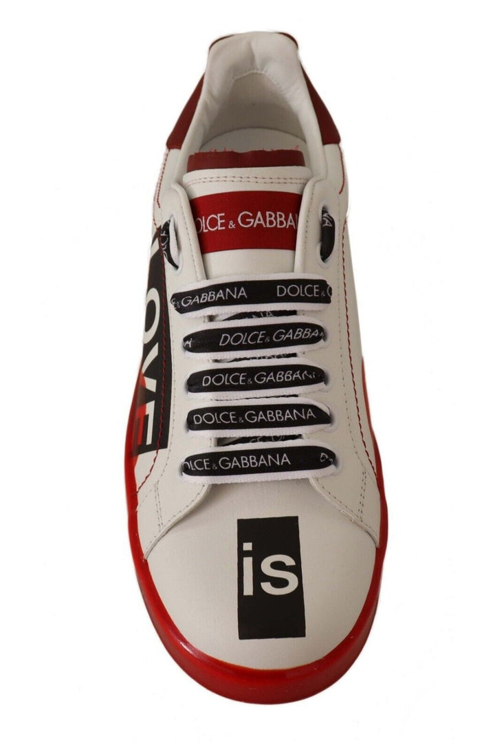 Dolce & Gabbana White Red Portofino Love Print Leather Sneakers Shoes