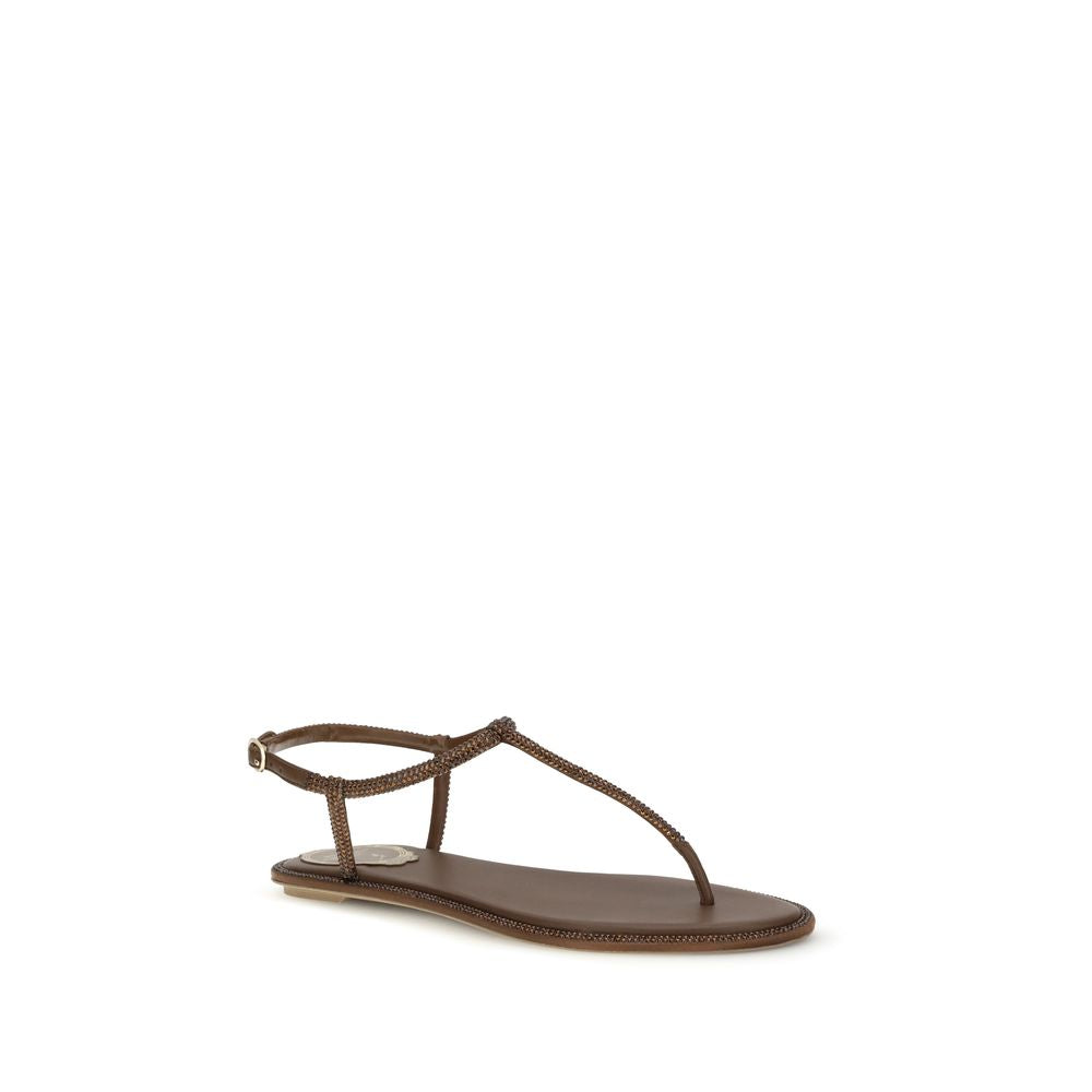 RENE CAOVILLA Brown Satin Flat Sandals