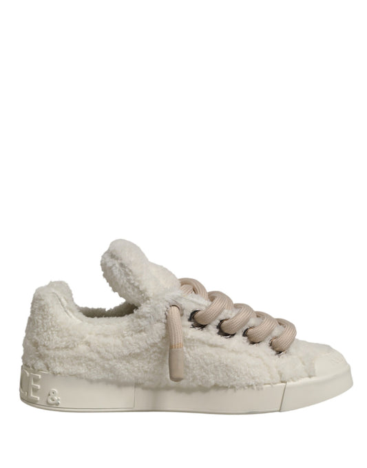 Dolce & Gabbana White Faux Shearling Low Top Sneakers  Shoes