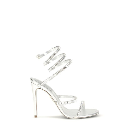 RENE CAOVILLA Silver Calf Leather Bos Taurus Stiletto Heel Sandals