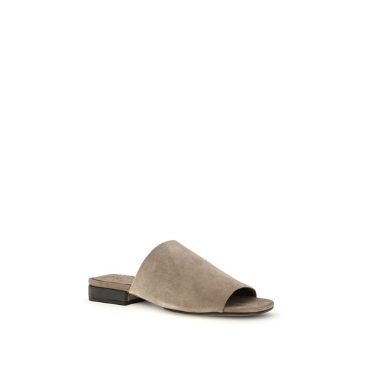 Brunello Cucinelli Gray Calf Leather Bos Taurus Flat Sandals