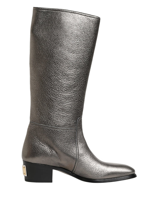 Dolce & Gabbana Metallic Silver Leather Knee High Boots Shoes