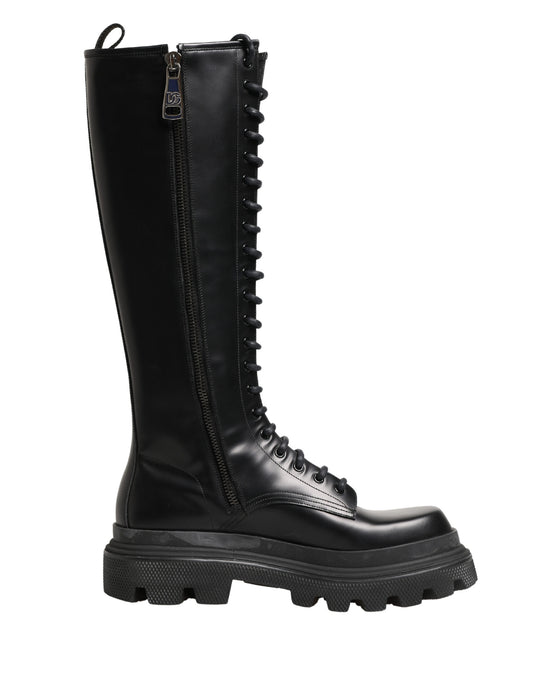 Dolce & Gabbana Black Leather Knee High Lace Up Boots Shoes