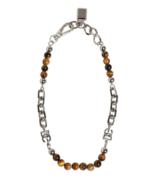 Dolce & Gabbana Silver Tone Brass Chain Beaded Gem DG Logo Bracelet