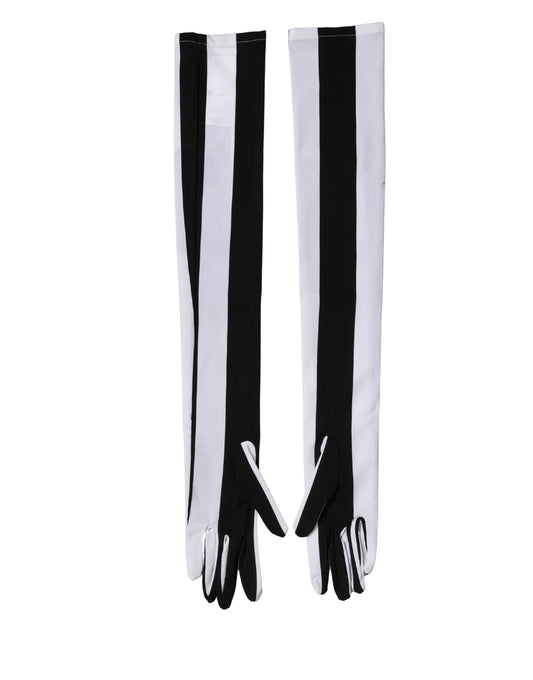Dolce & Gabbana Black White Stripes Nylon Elbow Length Women Gloves