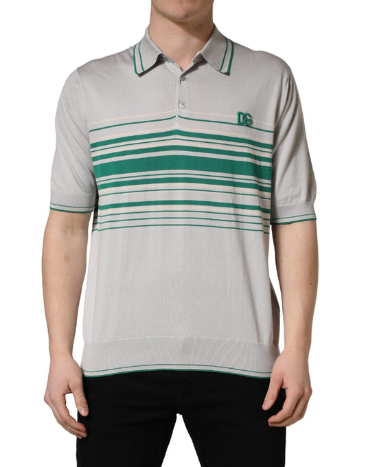 Dolce & Gabbana Gray Green Striped Logo Silk Polo T-shirt