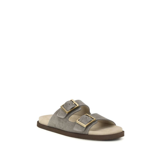 Brunello Cucinelli Gray Calf Leather Bos Taurus Sandals - Qutton