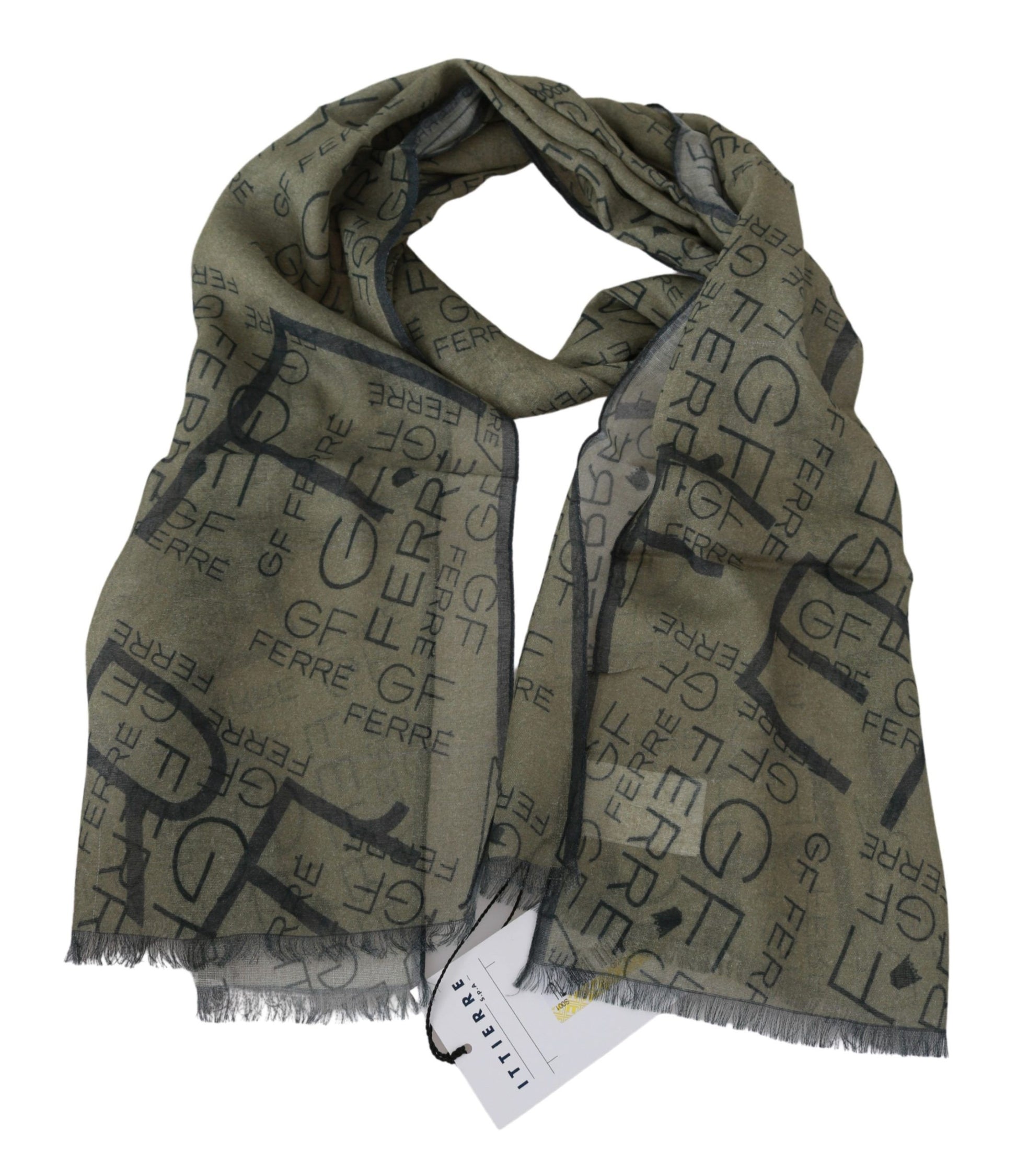 GF Ferre Green Wool Viscose Foulard Patterned Branded Scarf