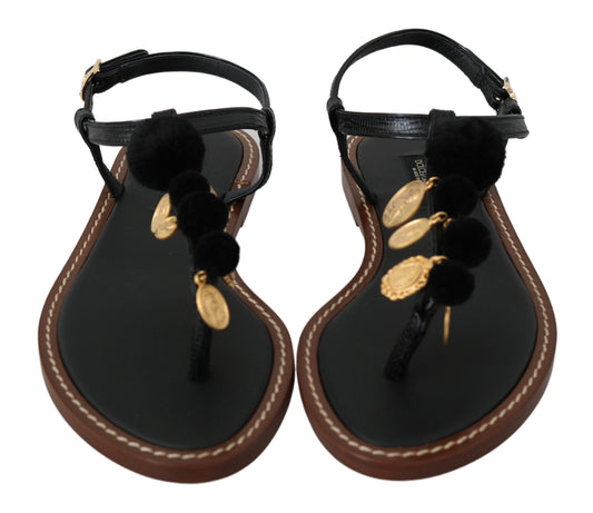 Dolce & Gabbana Black Leather Coins Flip Flops Sandals Shoes - Qutton
