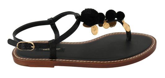 Dolce & Gabbana Black Leather Coins Flip Flops Sandals Shoes - Qutton