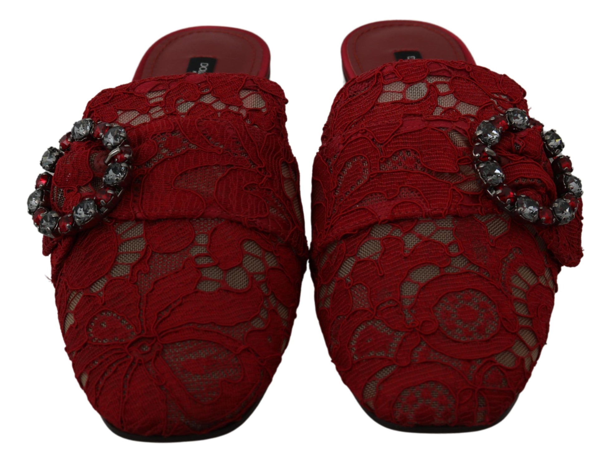 Dolce & Gabbana Red Lace Crystal Slide On Flats Shoes - Qutton