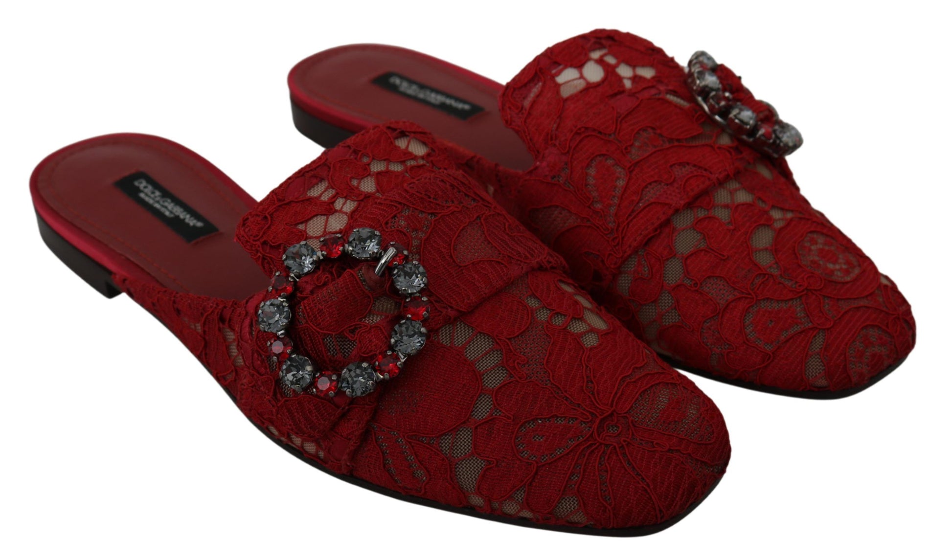 Dolce & Gabbana Red Lace Crystal Slide On Flats Shoes - Qutton