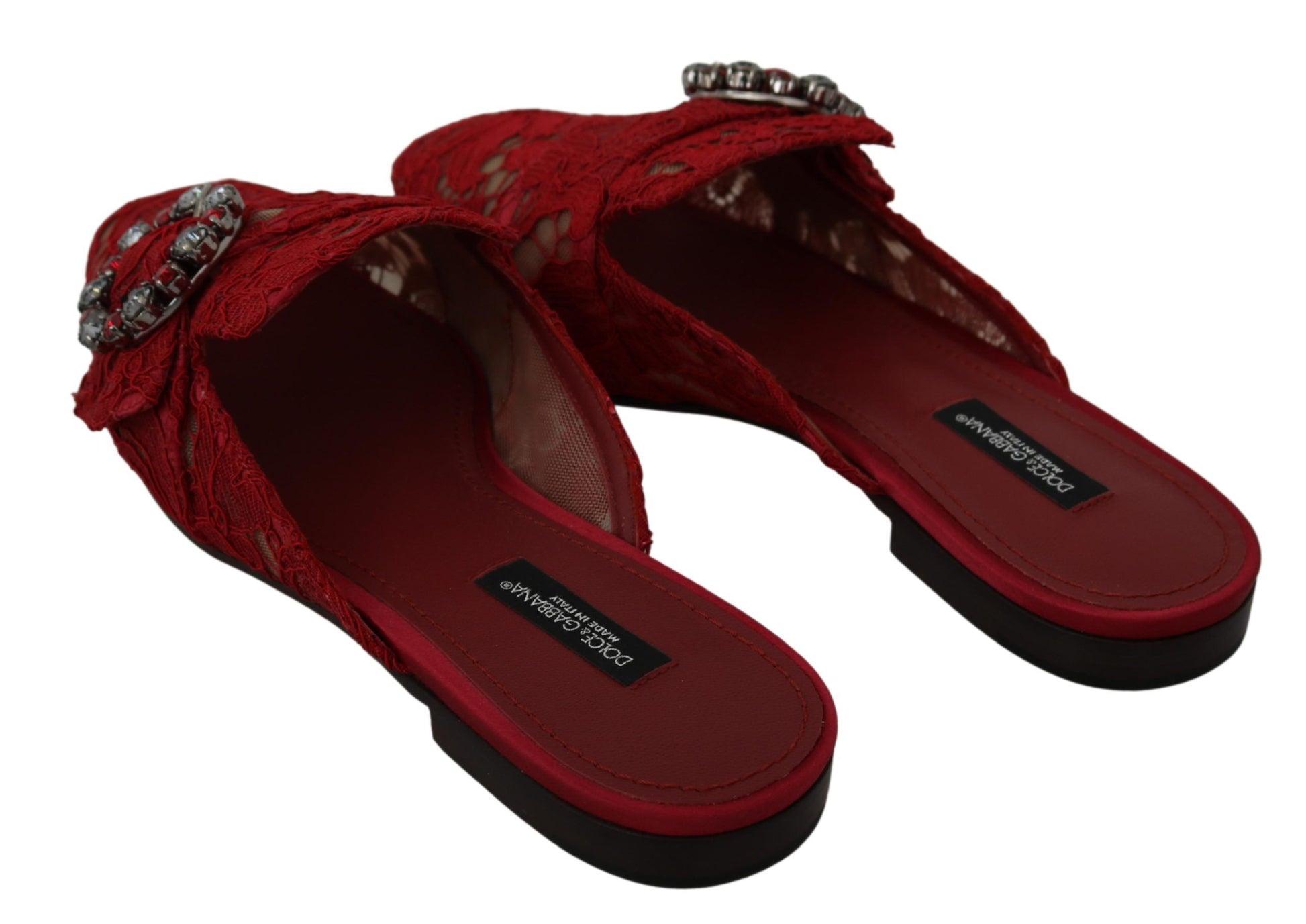 Dolce & Gabbana Red Lace Crystal Slide On Flats Shoes - Qutton