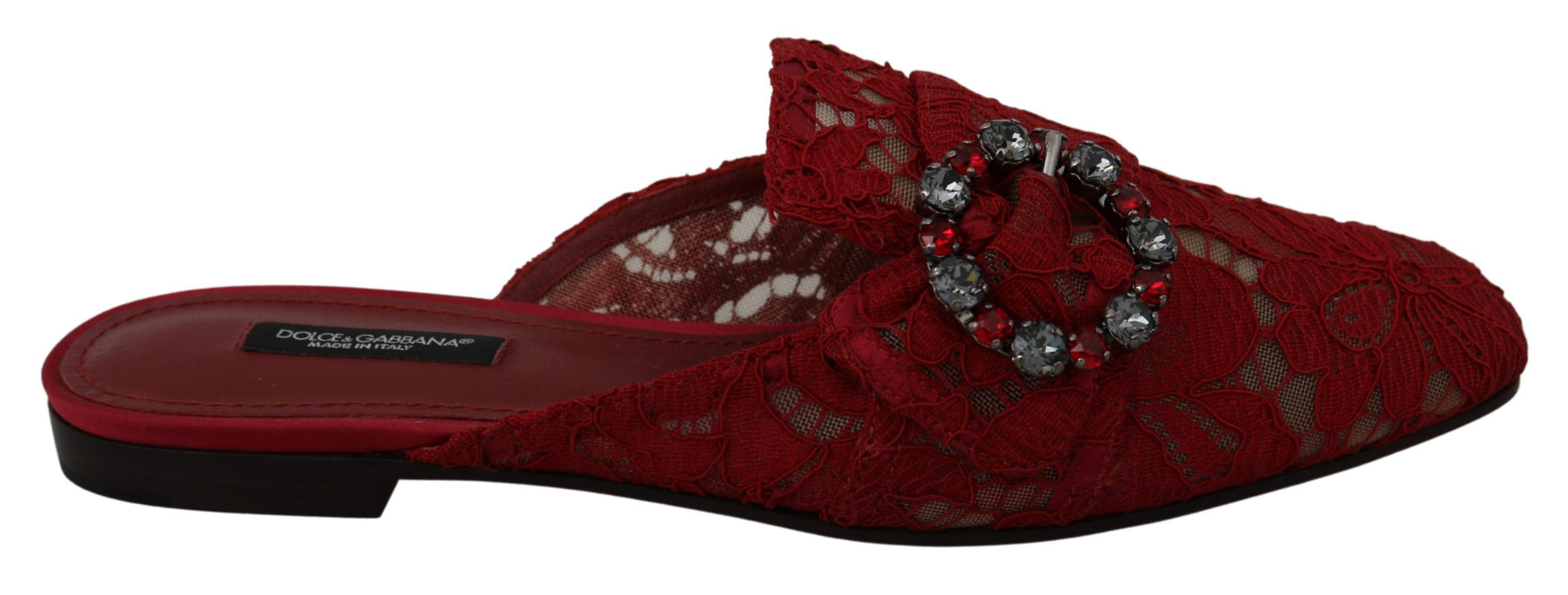 Dolce & Gabbana Red Lace Crystal Slide On Flats Shoes - Qutton