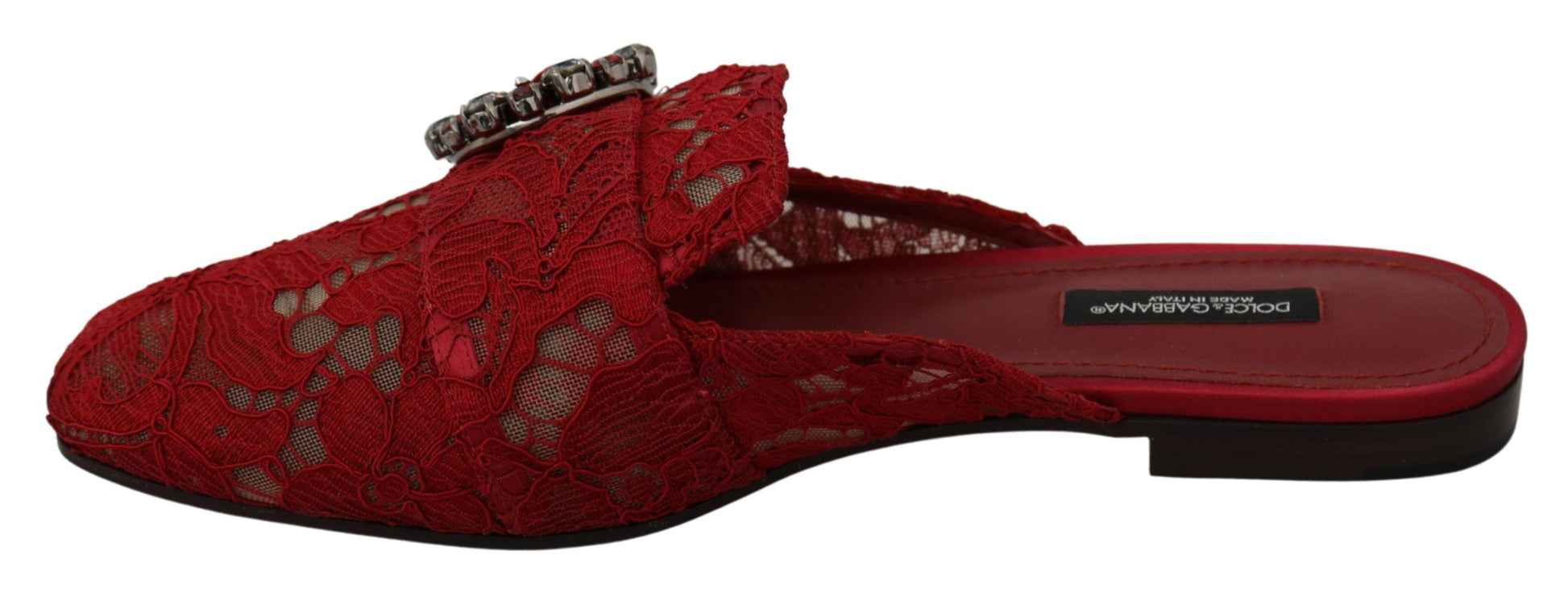 Dolce & Gabbana Red Lace Crystal Slide On Flats Shoes - Qutton