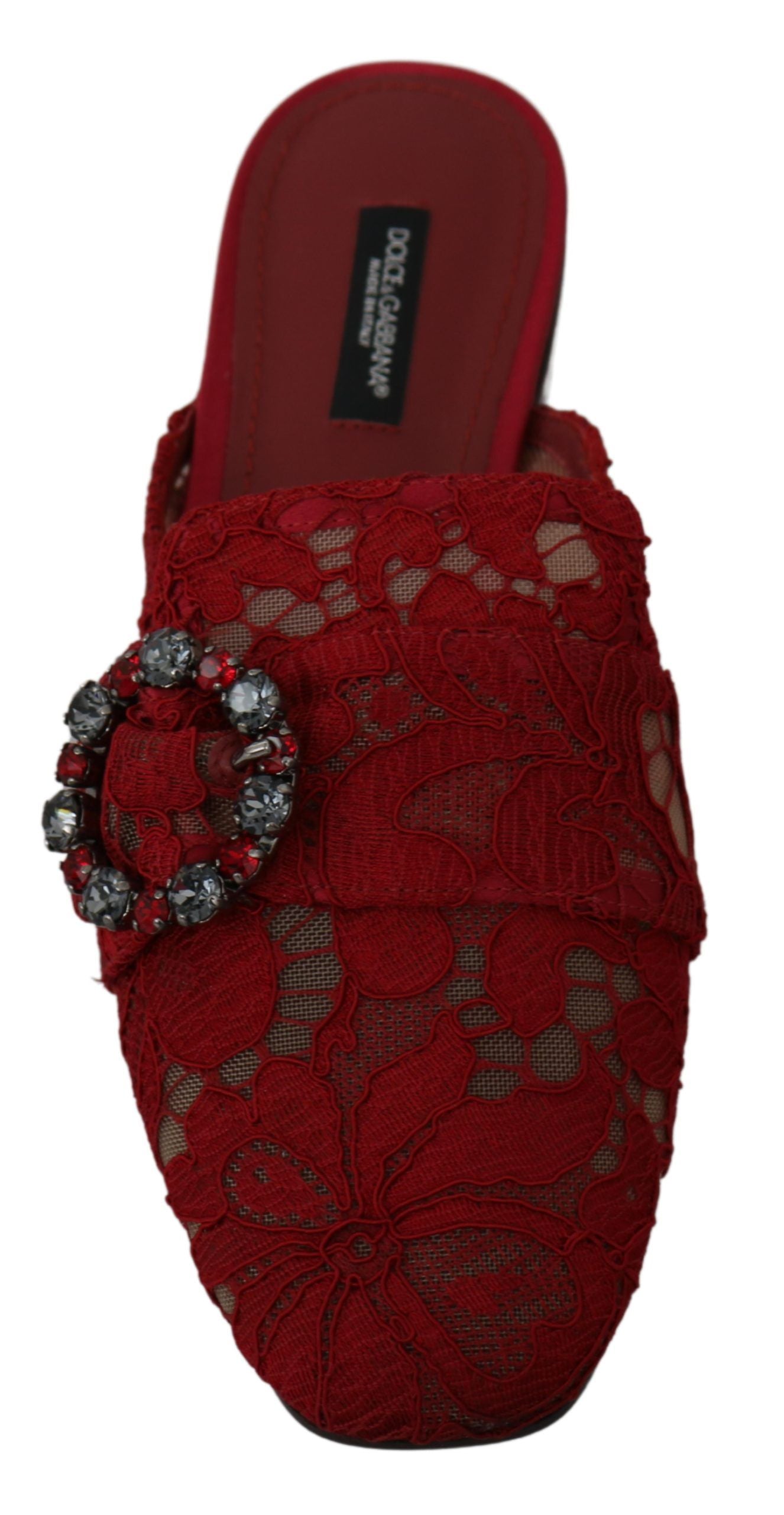 Dolce & Gabbana Red Lace Crystal Slide On Flats Shoes - Qutton