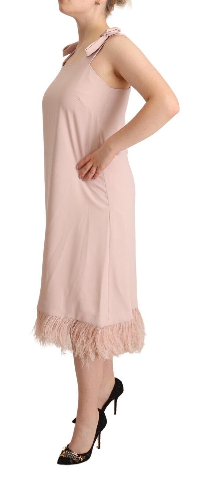 P.A.R.O.S.H. Chic Sleeveless Midi Dress with Feather Trim