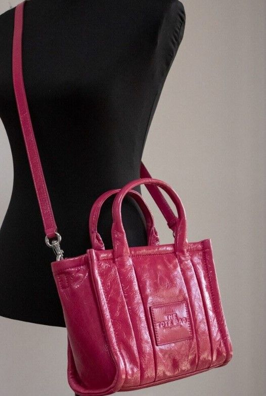 Marc Jacobs The Shiny Crinkle Mini Tote Magenta Leather Crossbody Handbag Purse