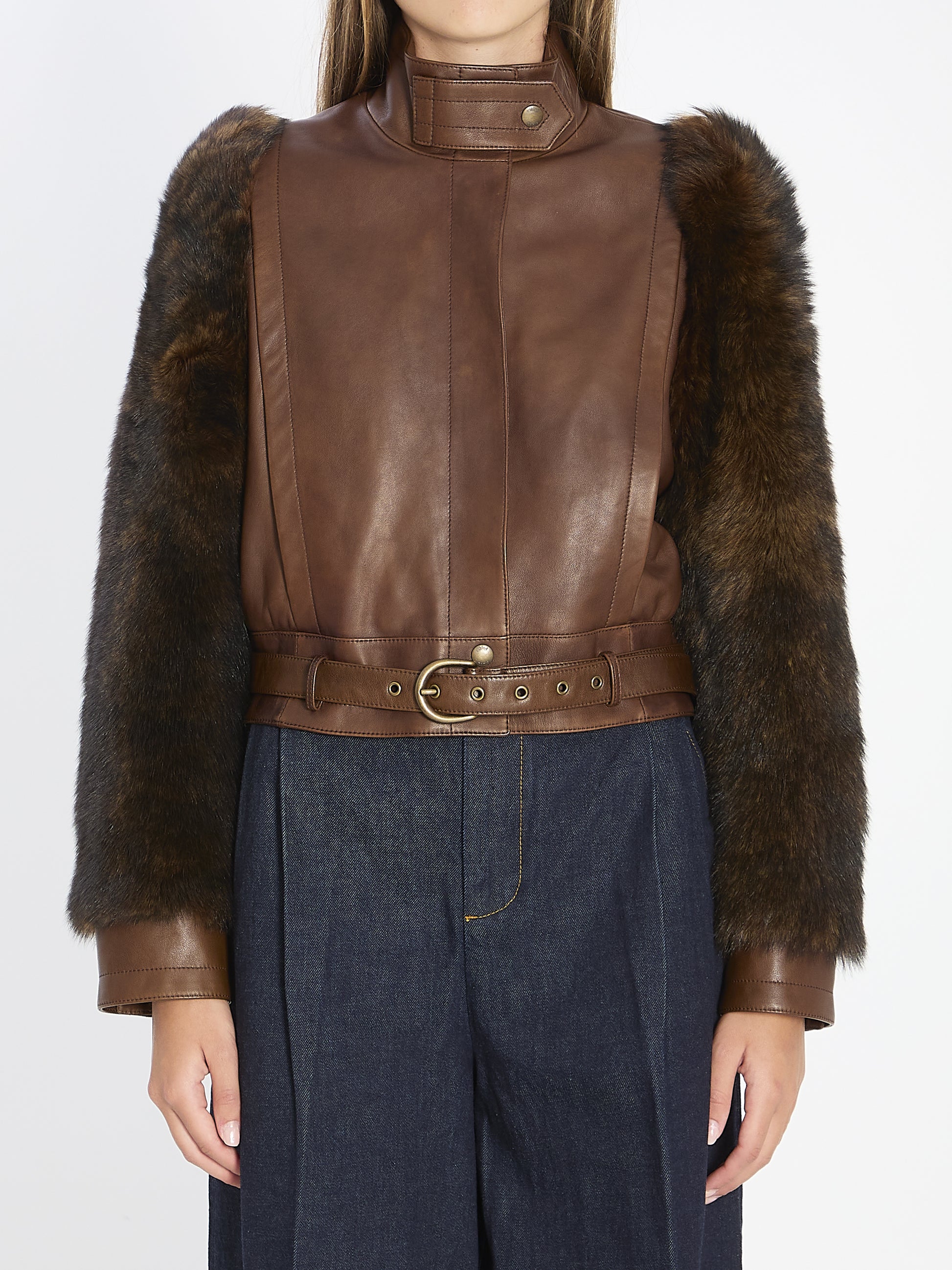 Short high-neck leather jacket