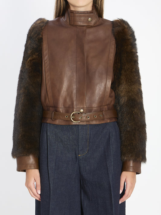 Short high-neck leather jacket