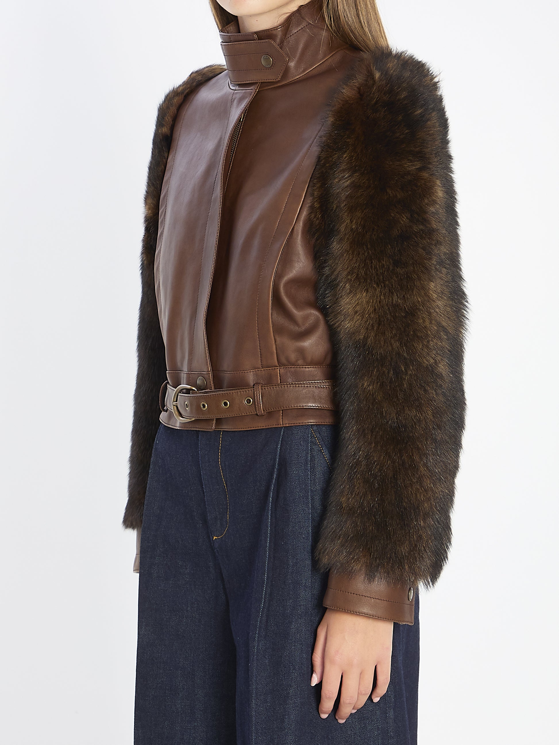 Short high-neck leather jacket