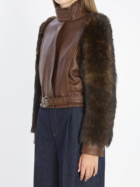 Short high-neck leather jacket