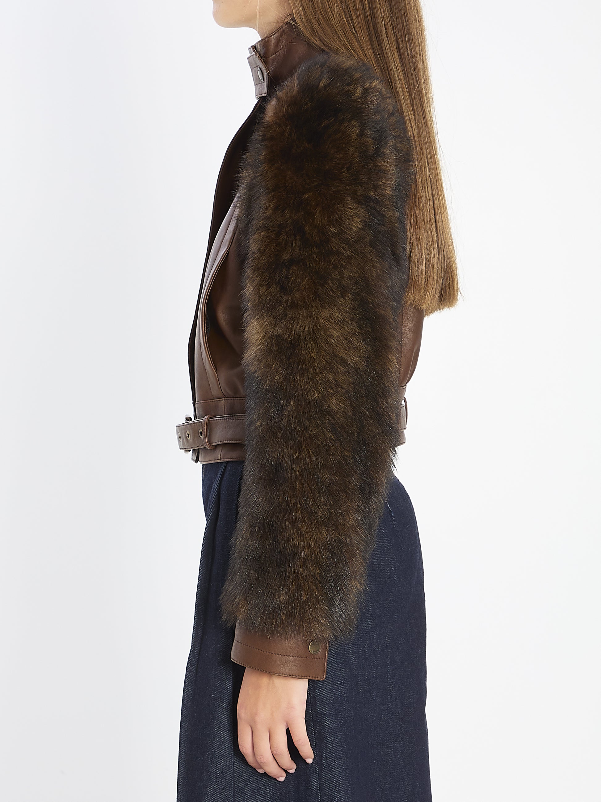 Short high-neck leather jacket