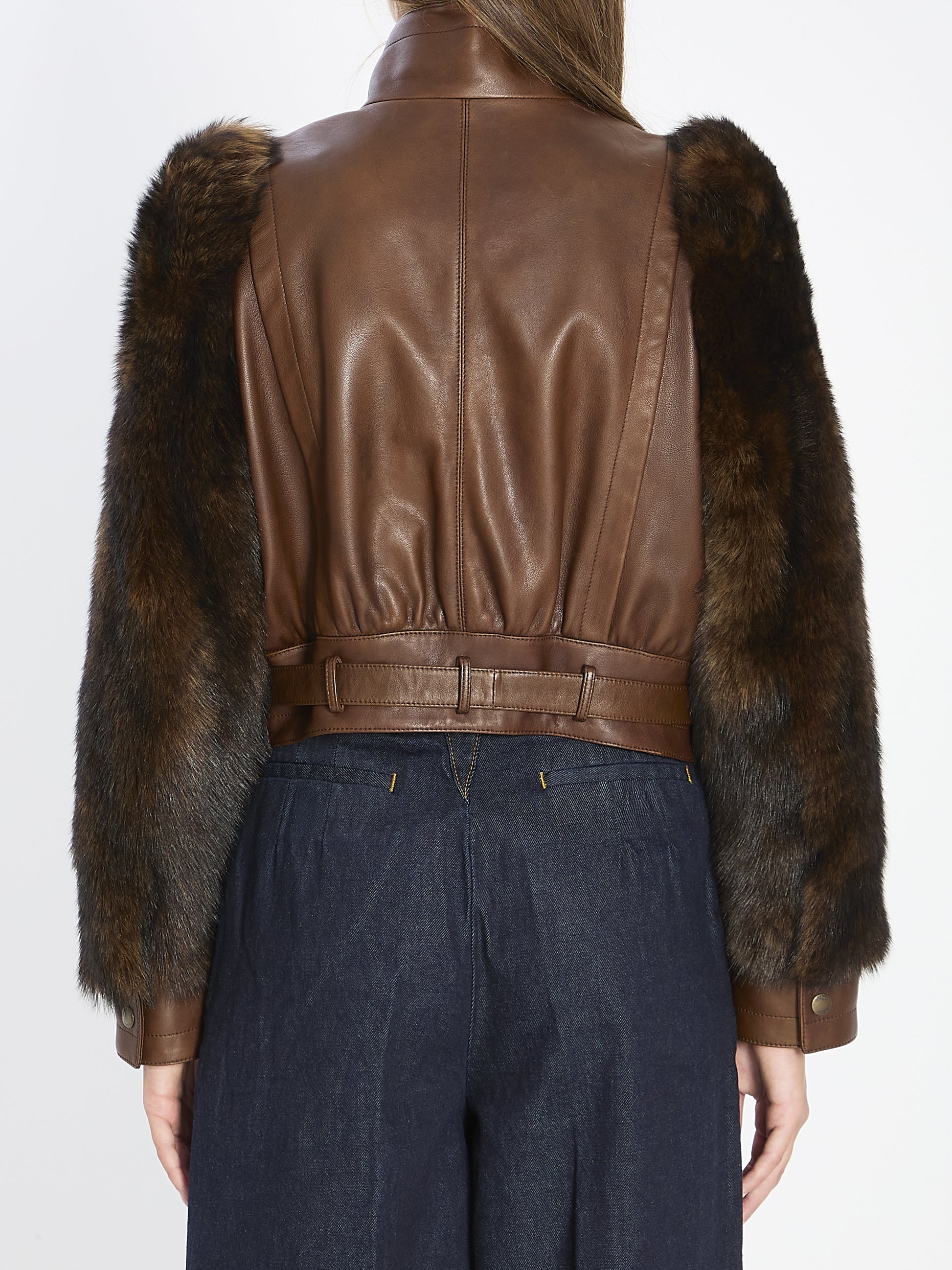 Short high-neck leather jacket