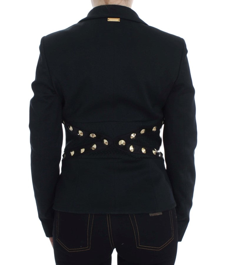 Exte Black Cotton Stretch Gold Studded Blazer Jacket