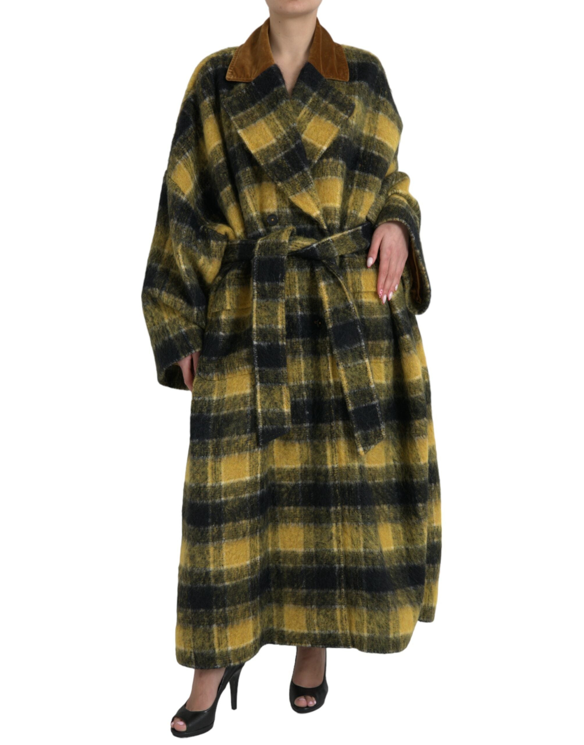 Dolce & Gabbana Chic Checkered Long Trench Coat in Sunny Yellow