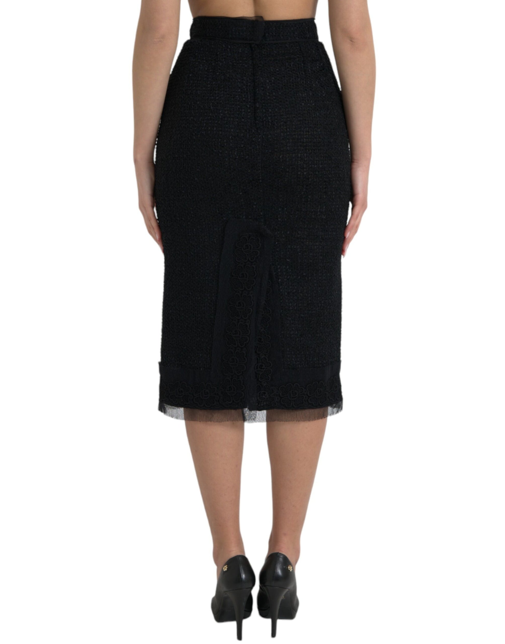 Dolce & Gabbana Black Wool High Waist Pencil Cut Midi Skirt