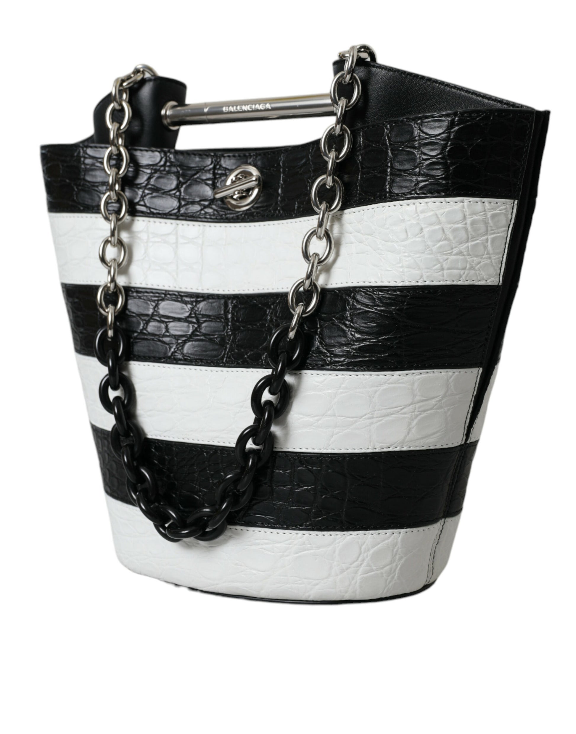 Balenciaga Black White Striped Exotic Skin Leather Maxi Bucket Tote Bag