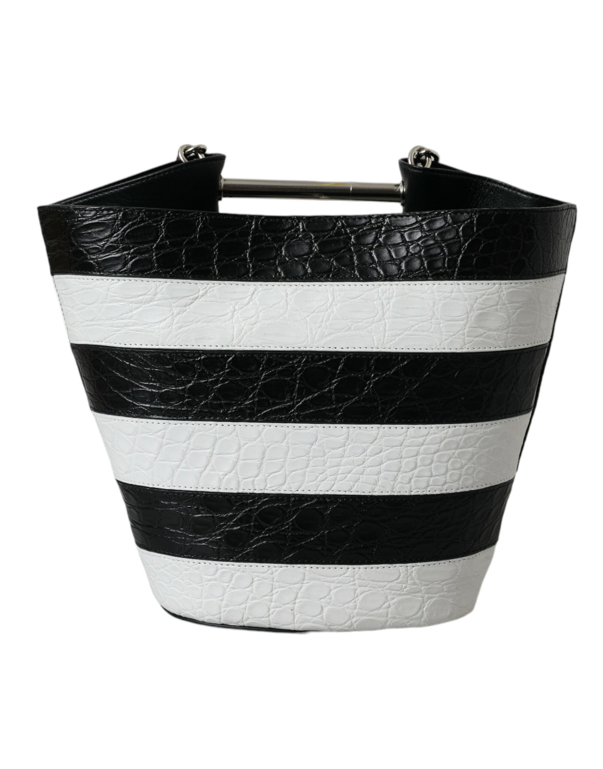 Balenciaga Black White Striped Exotic Skin Leather Maxi Bucket Tote Bag