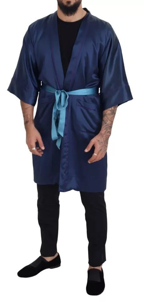 Dolce & Gabbana Blue Satin Silk Waist Belt Robe Jacket