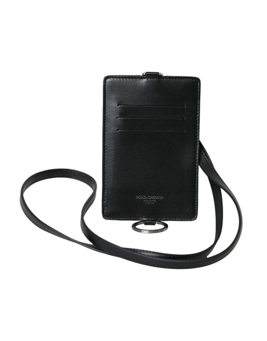 Dolce & Gabbana Black Calf Leather Lanyard Logo Card Holder Men Wallet - Qutton