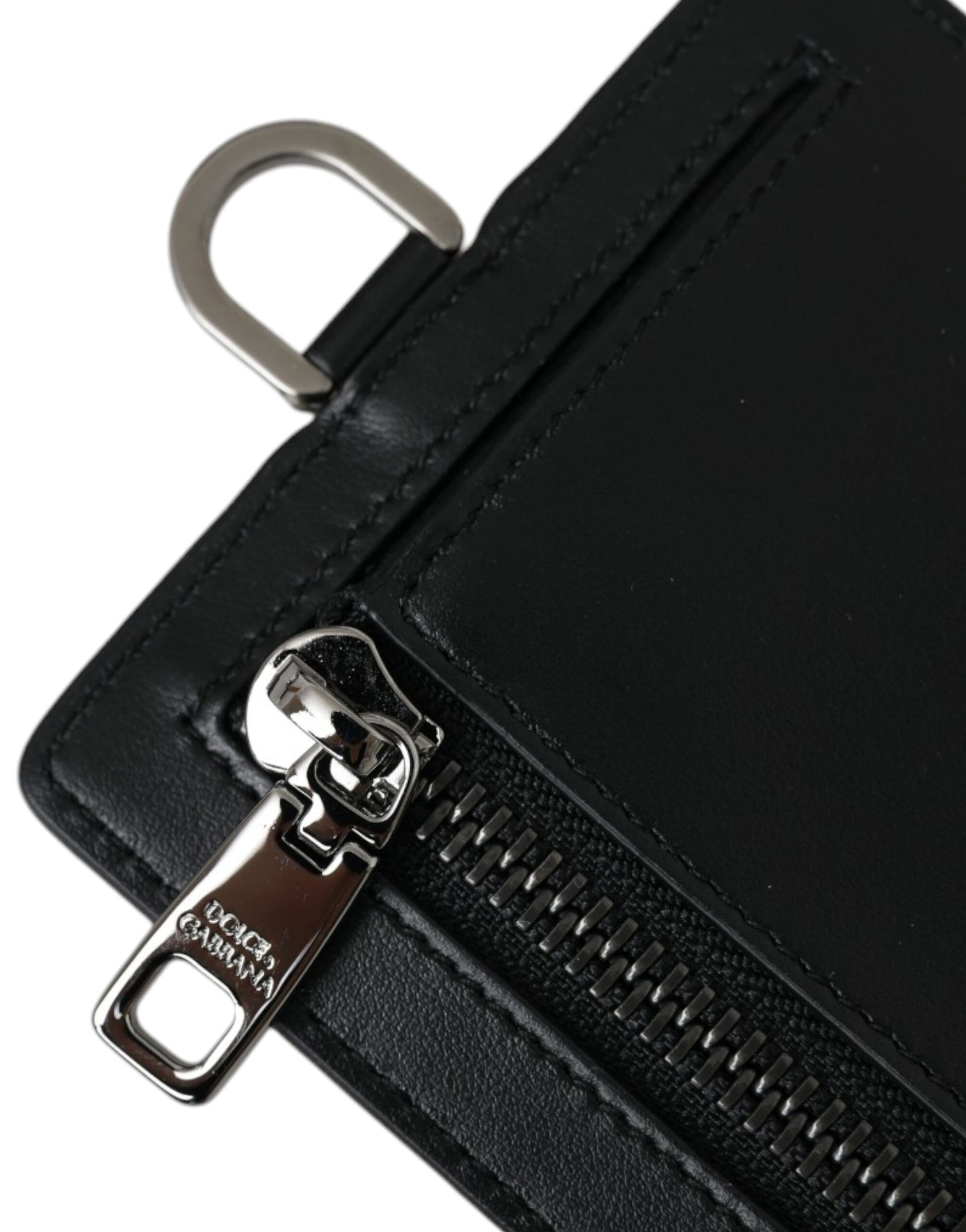 Dolce & Gabbana Black Calf Leather Lanyard Logo Card Holder Men Wallet - Qutton