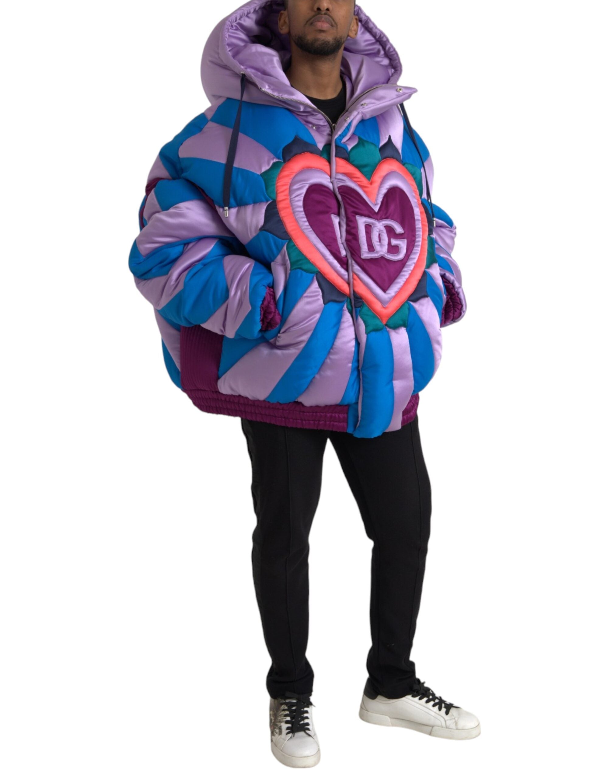 Dolce & Gabbana Multicolor Heart Logo Hooded Puffer Jacket