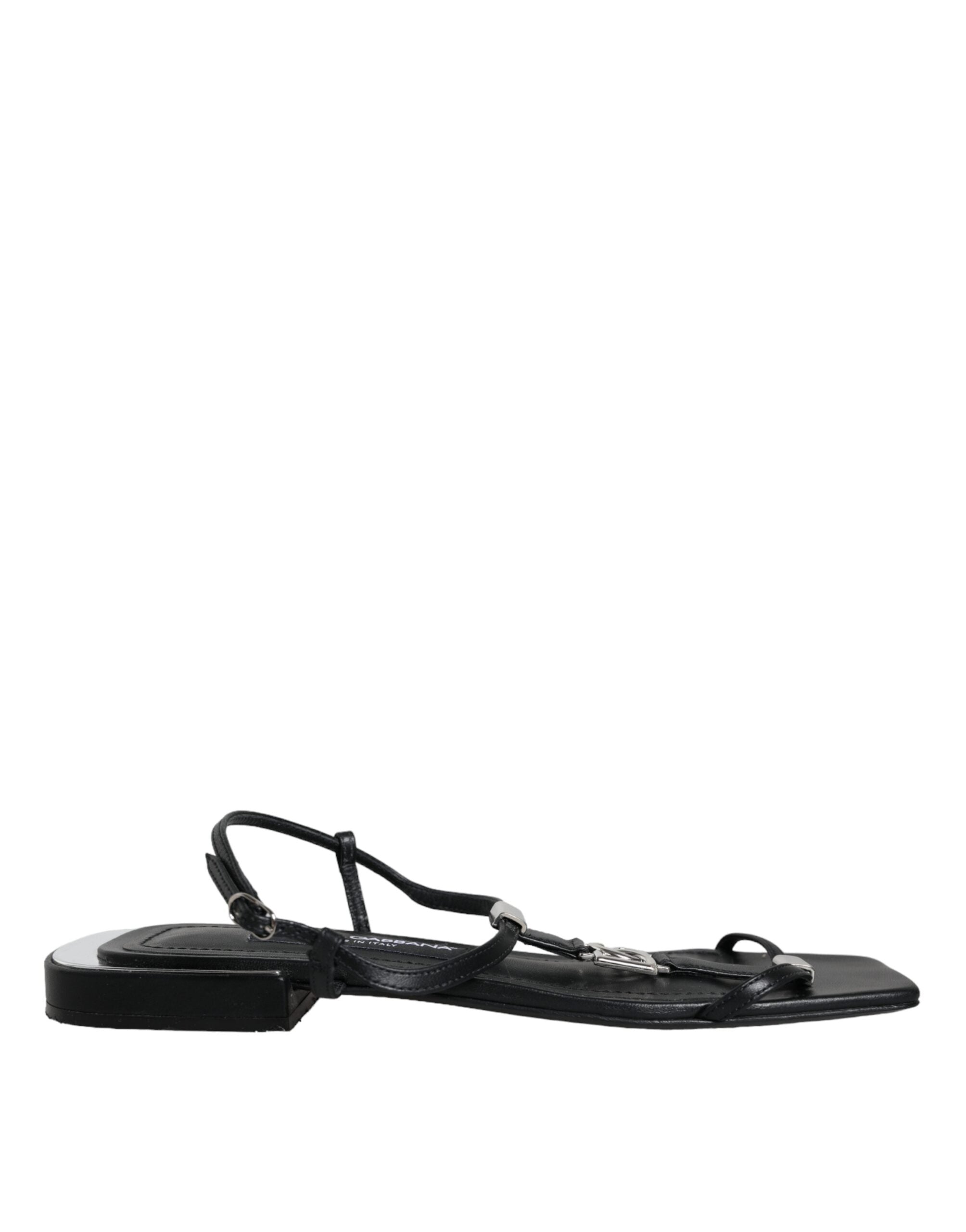 Dolce & Gabbana Black Leather Logo Ankle Strap Keira Sandals Shoes