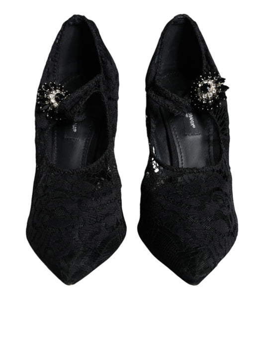 Dolce & Gabbana Black Mary Jane Pumps Lace Crystals Heels Shoes