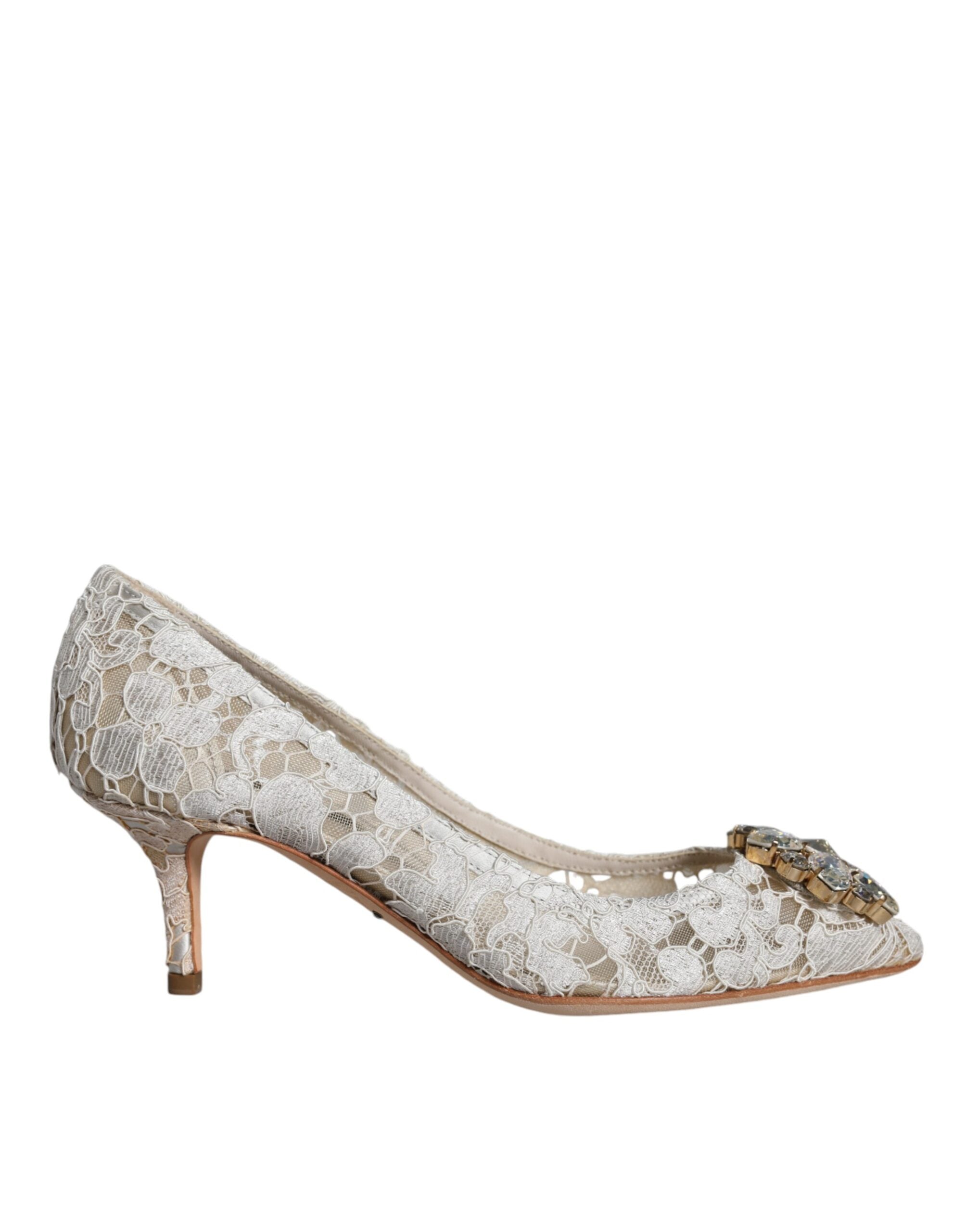 Dolce & Gabbana White Taormina Lace Crystal Heel Pumps Shoes