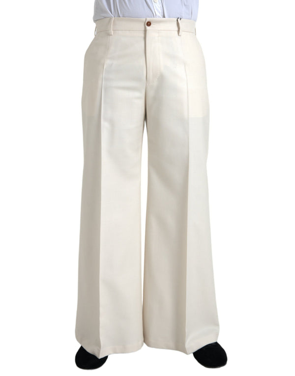 Dolce & Gabbana White Wool Wide Leg Mid Waist Pants