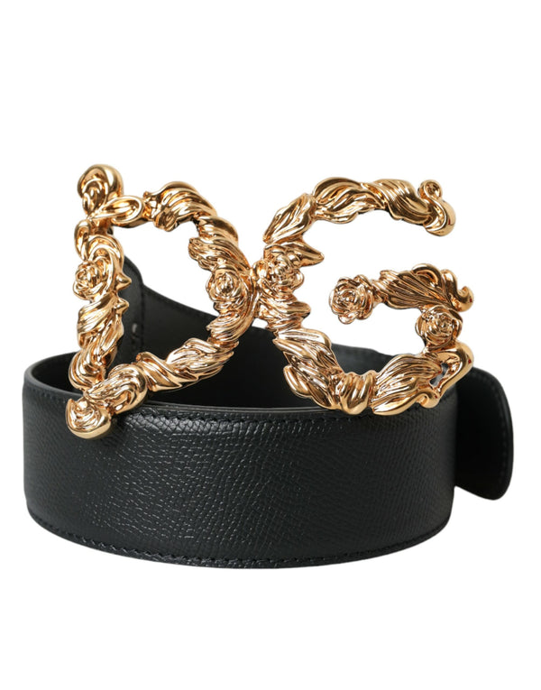 Dolce & Gabbana Black Leather Baroque Gold DG Logo Waist Buckle Belt
