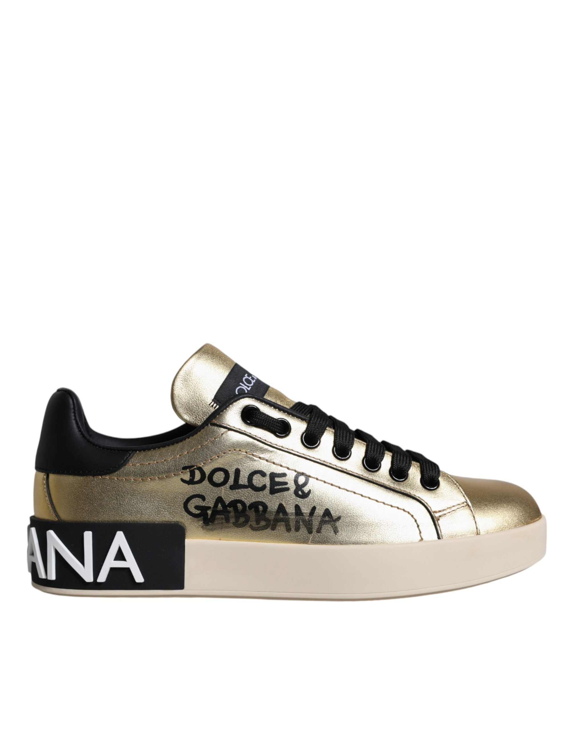 Dolce & Gabbana Gold Portofino Calf Leather Sneakers Shoes