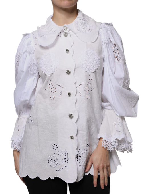 Dolce & Gabbana White Cotton Lace Trim Collared Blouse Top