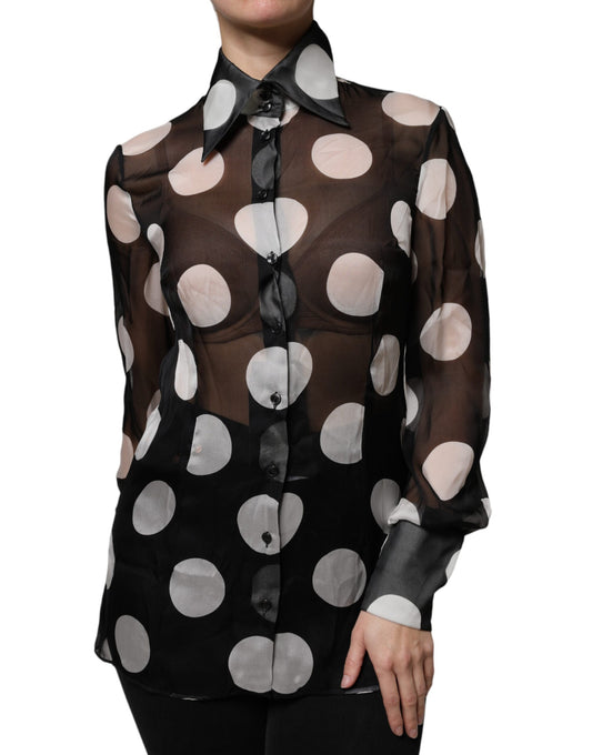 Dolce & Gabbana Black White Polka Dots Silk Long Sleeves Top